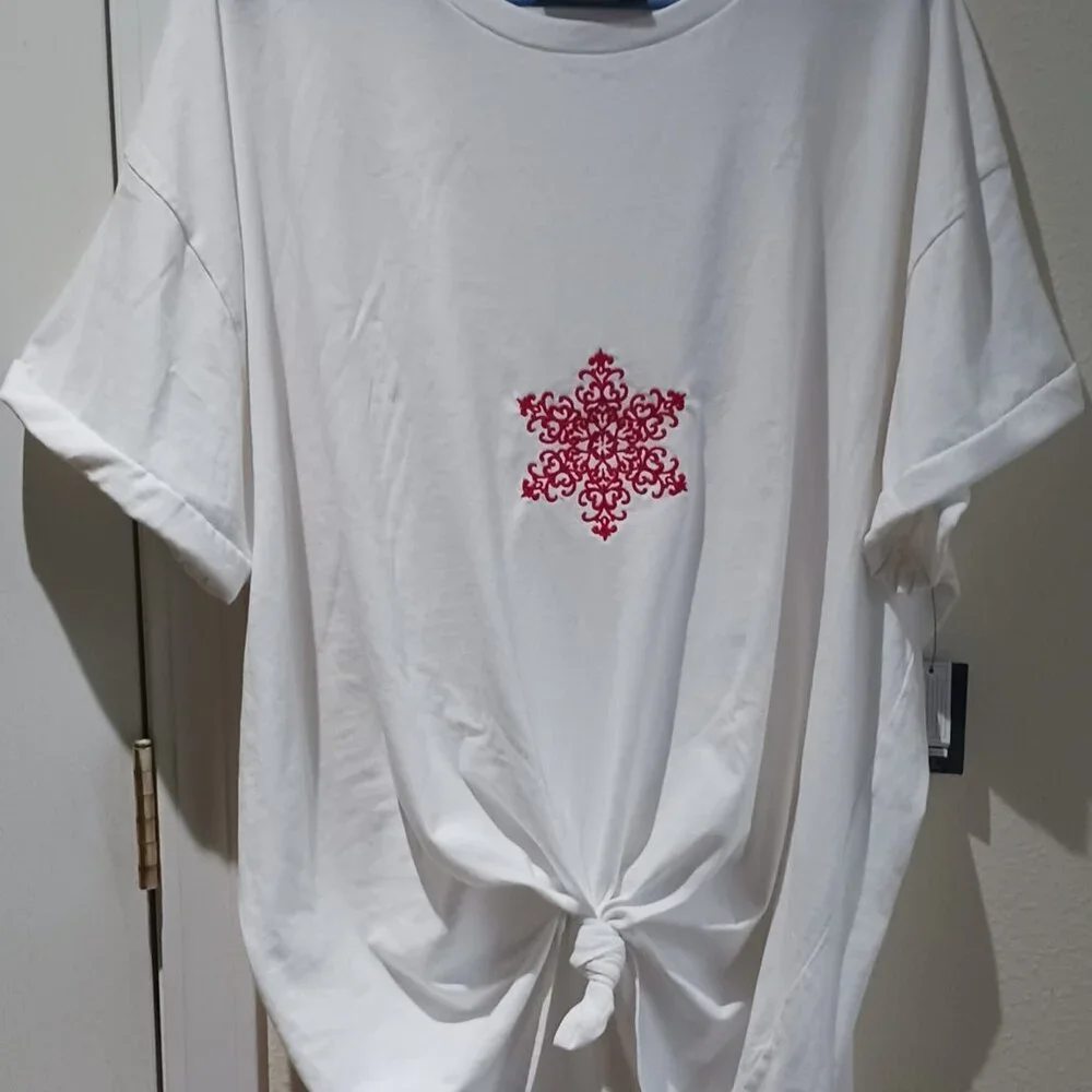 Red Embroidered Snowflake T-Shirt - Picture 2 of 10